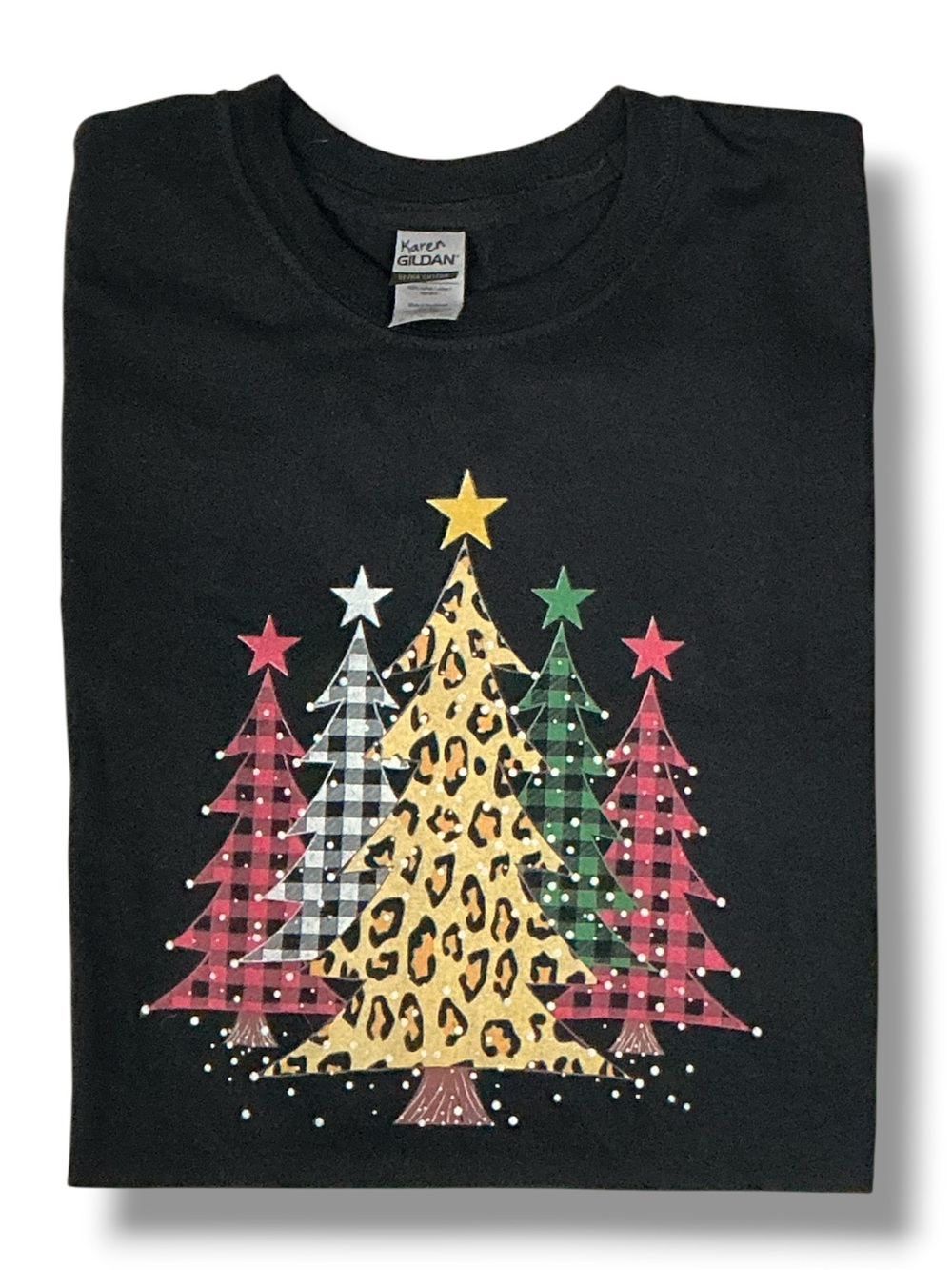 Christmas T Shirt 100%Cotton Holiday Tree Animal Print Short Sleeve Black Small